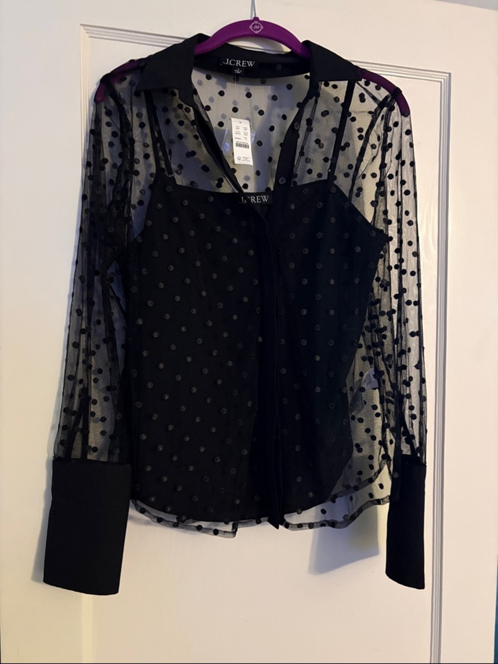 J. Crew Black Sheer Polka Dot Button-Up Blouse